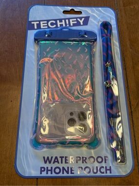 Iridescent Pink Waterproof Phone Pouch with Blue Strap
